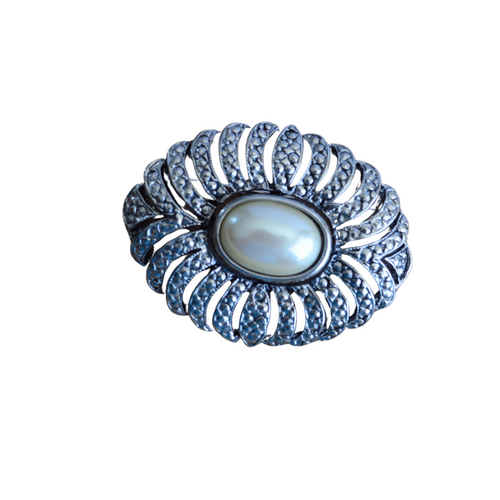 Oval Etched Silver Brooch with Faux Pearl Inlay