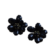 Load image into Gallery viewer, Vintage Black Floral Statement Earrings with Black Gemstone Inlay | 1960s
