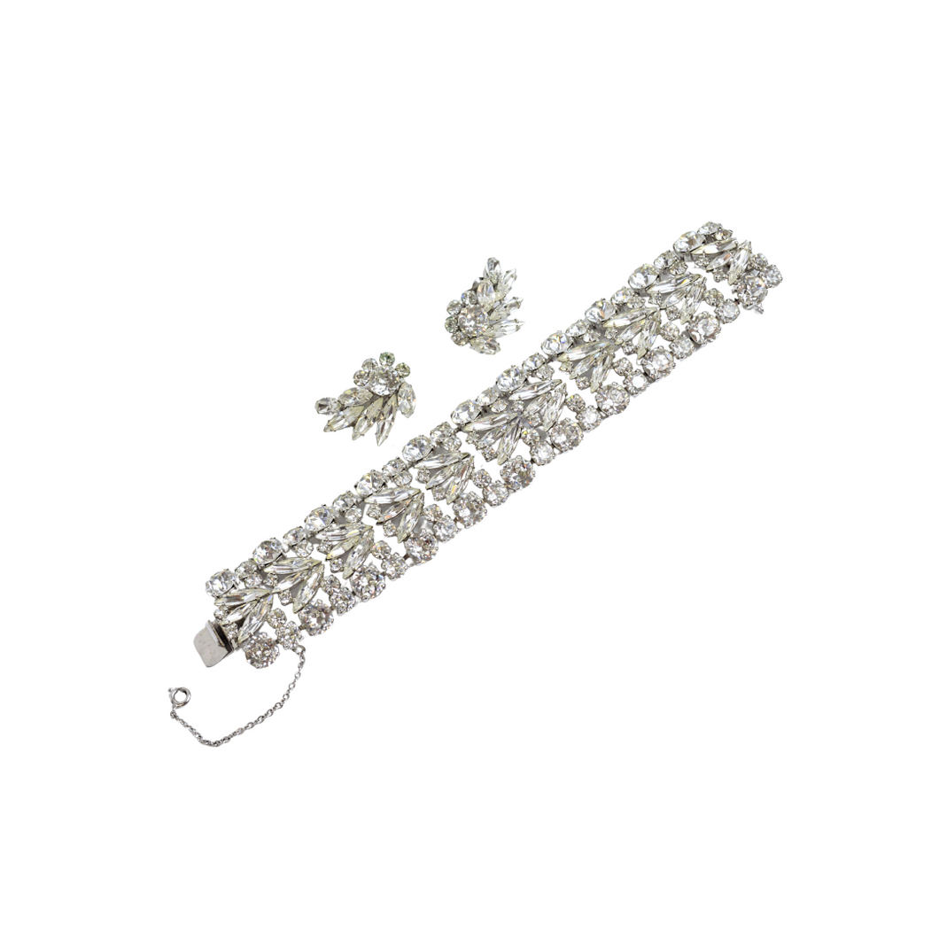 Vintage Sherman Ornate Clear Crystal Bracelet and Earring Set | 1960s