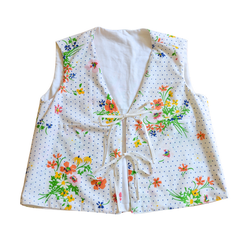 Up-cycled Handcrafted Vintage Floral and Polka Dot Tie-Front Vest | Small