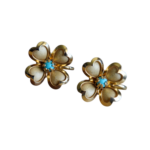 Vintage Coro Gold Plated Floral Screw Back Stud Earrings with Turquoise Inlay | 1940s-1950s