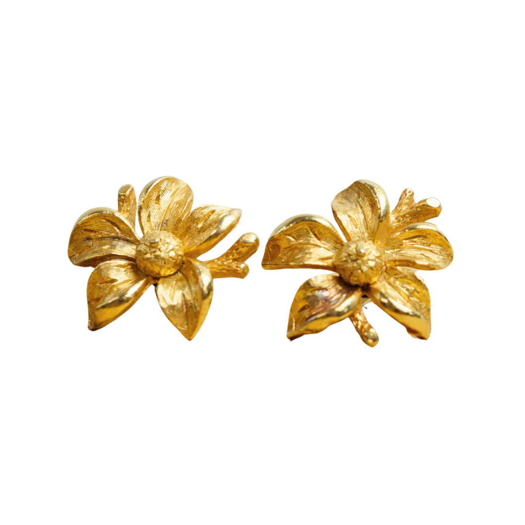 Vintage Gold Plated Floral Stud Statement Earrings | 1960s