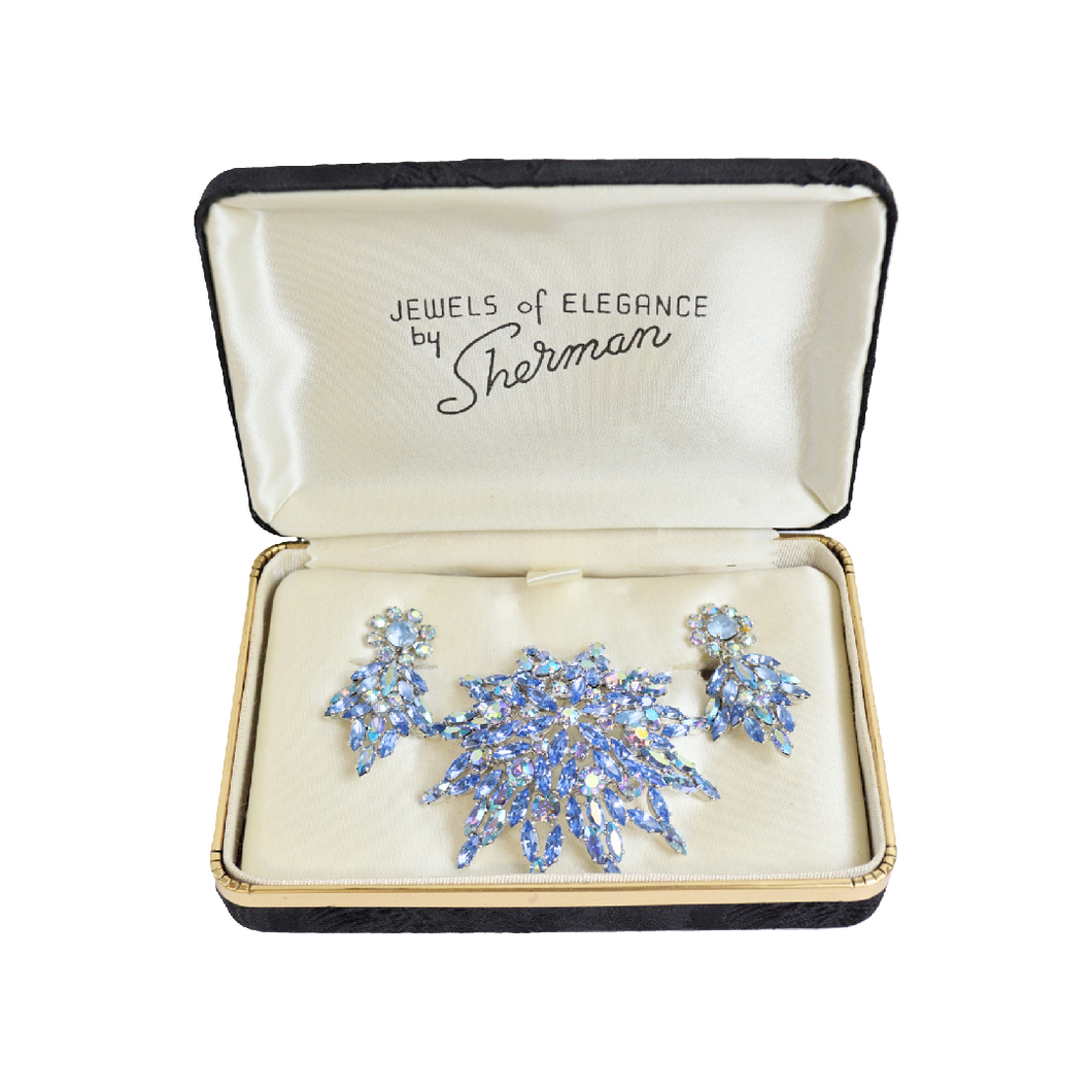 Vintage Sherman Blue Aurora Borealis Brooch and Earring Set | 1950s-1960s