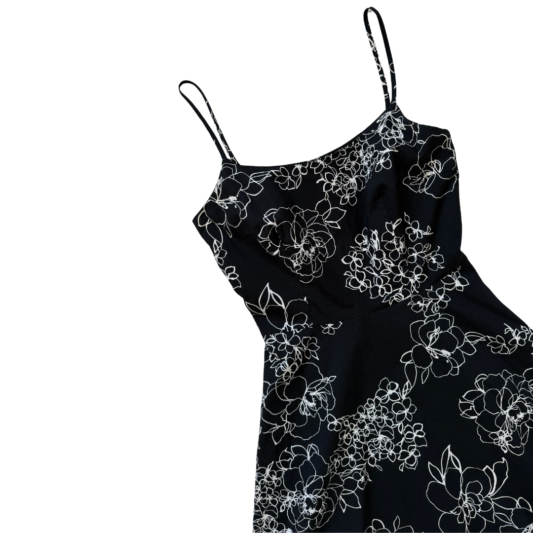 Be Smart Black and White Floral Midi Dress with Tulle Underlay | Small - Extra-Small