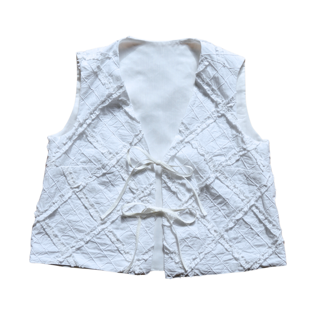 Up-cycled Handcrafted Checkered White Frill Tie-Front Vest | Small