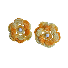 Load image into Gallery viewer, Up-cycled Yellow Crocheted Flower Studs with Pearl Bead Inlay
